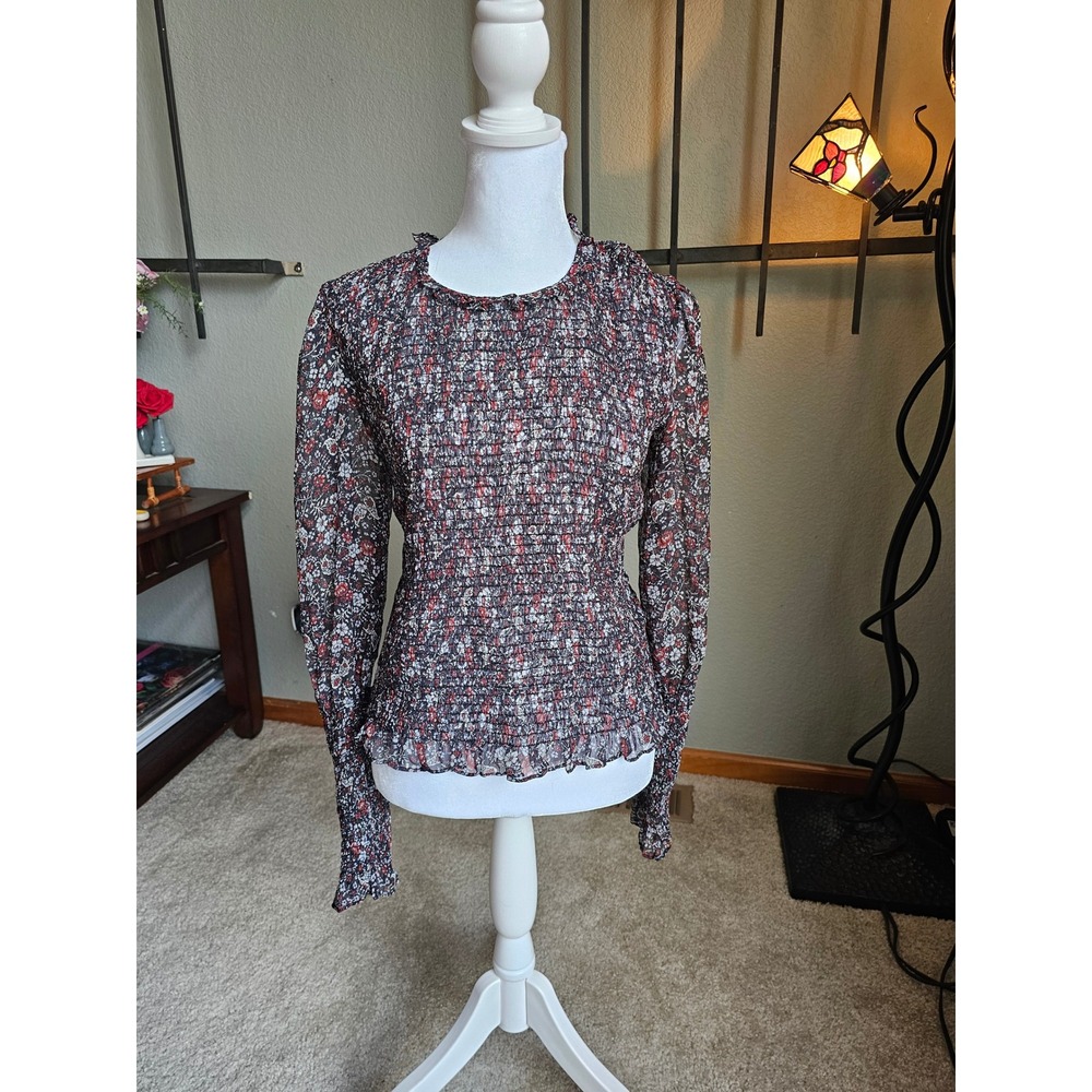 Veronica Beard 100% Silk Floral Smocked Blouse Size 2 Puff Sleeve Ruffle